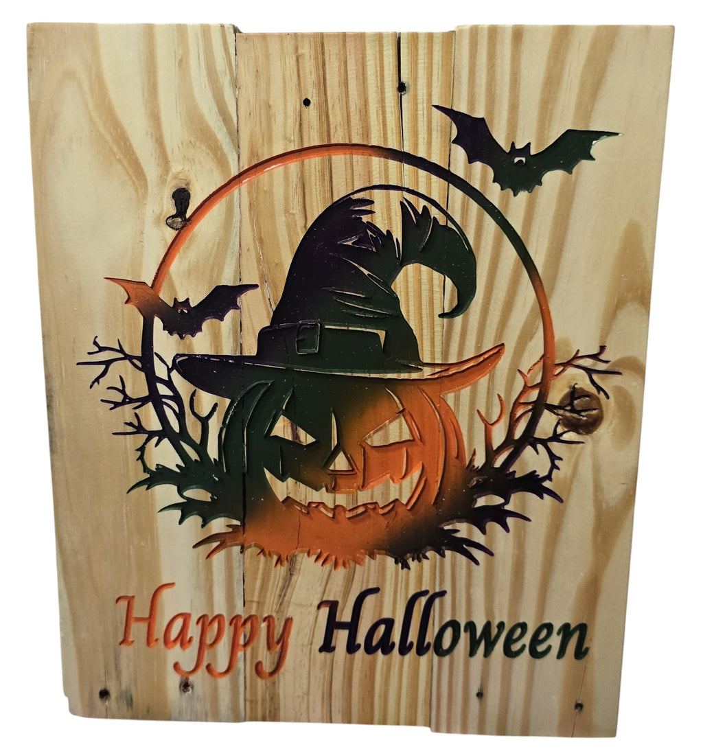 TK Wood Designs Happy Halloween wooden wall art with pumpkin, witch hat, and bats. Natural wood finish.