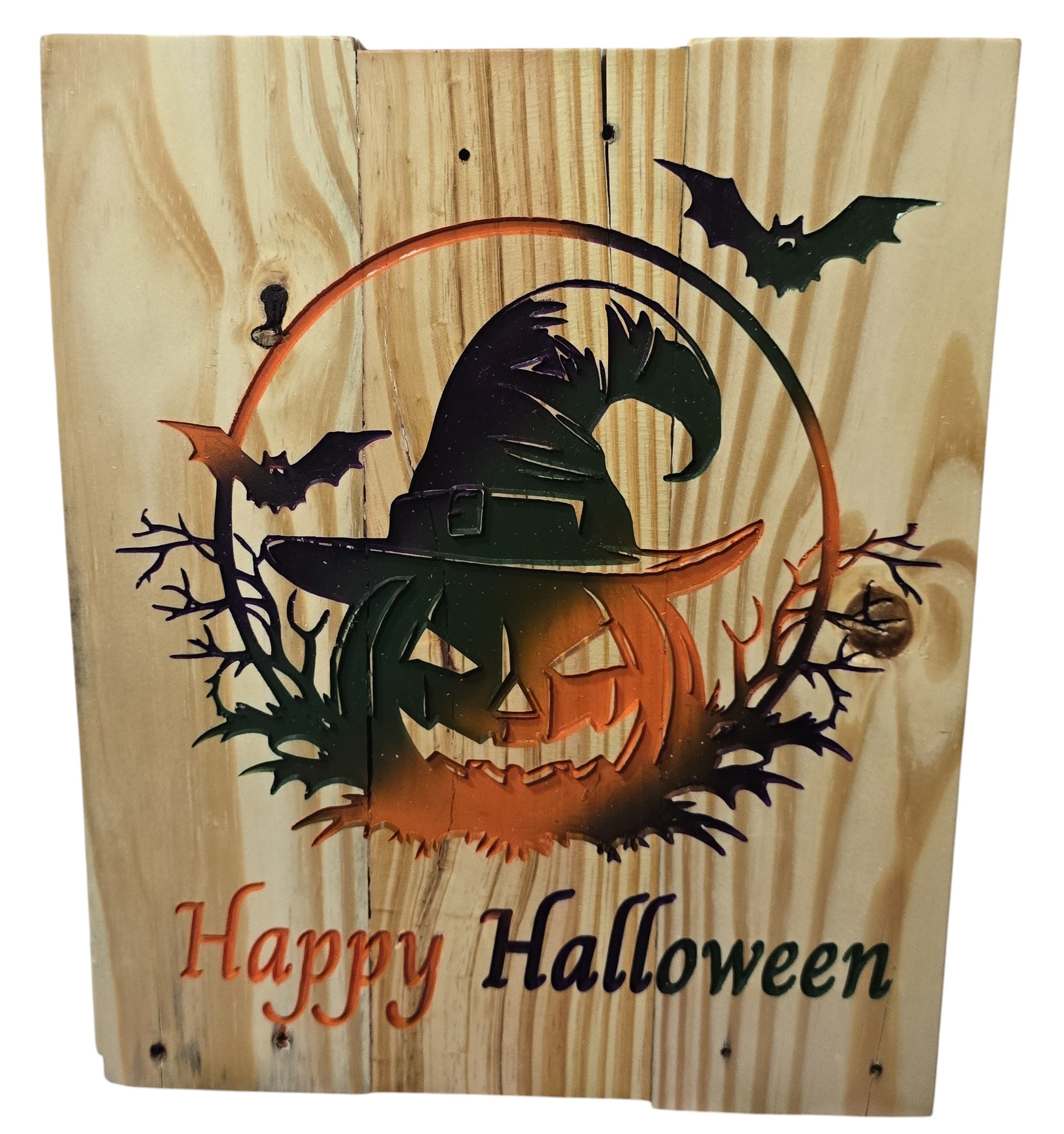 TK Wood Designs Happy Halloween wooden wall art with pumpkin, witch hat, and bats. Natural wood finish.