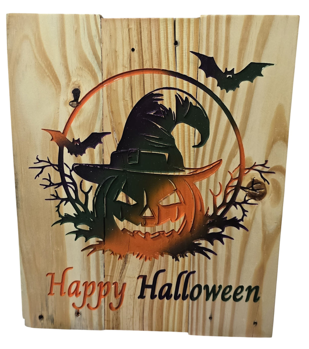 TK Wood Designs Happy Halloween wooden wall art with a carved pumpkin wearing a witch hat and bats.