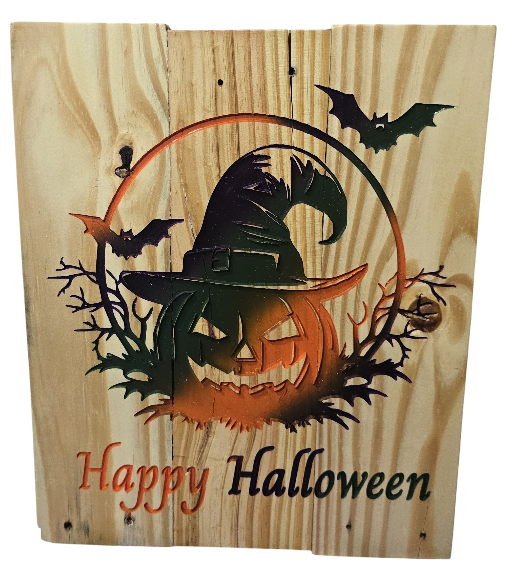 TK Wood Designs Happy Halloween wooden wall art with a carved pumpkin wearing a witch hat and bats.