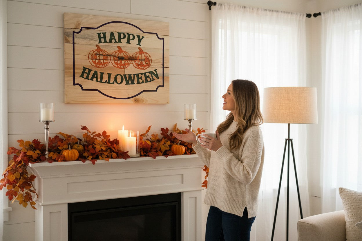 TK Wood Designs Happy Halloween wood sign with three carved pumpkins and green text. Purple border.