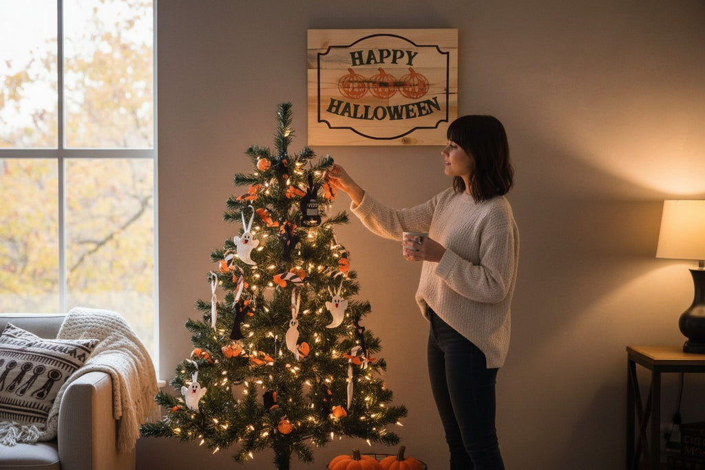 TK Wood Designs Happy Halloween wood sign with three carved pumpkins and green text. Features a purple border.