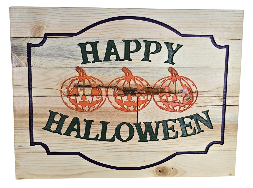 TK Wood Designs Happy Halloween wood sign with three carved pumpkins and purple border. Green text.