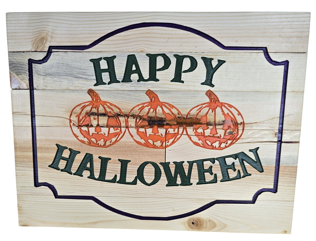 TK Wood Designs Happy Halloween wood sign with three carved pumpkins and purple border. Green text reads "Happy Halloween".