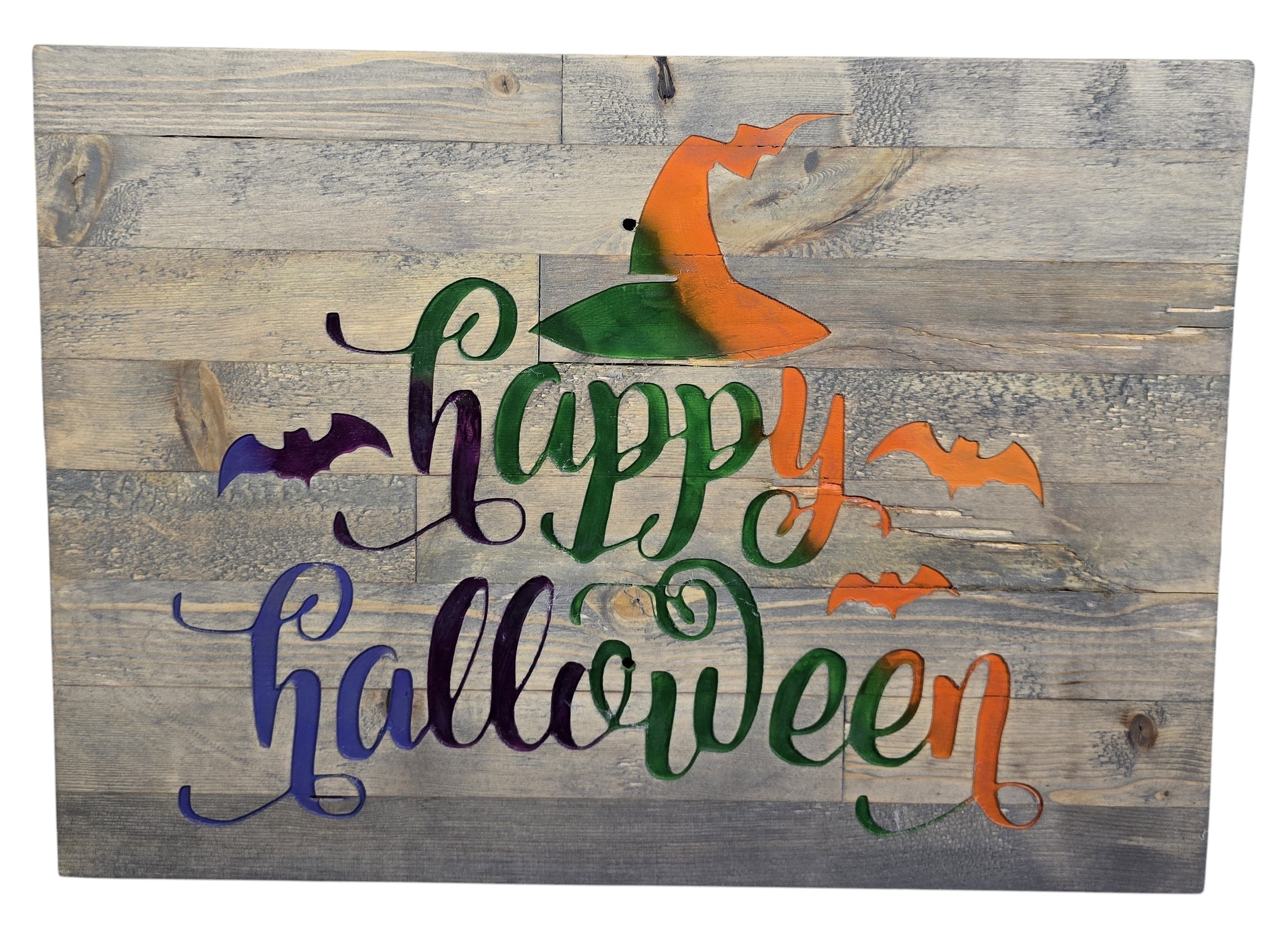 TK Wood Designs Happy Halloween sign with witch hat, bats, and colourful lettering on reclaimed wood.