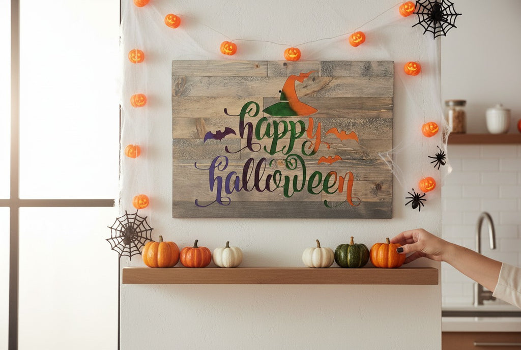 TK Wood Designs rustic reclaimed wood sign with "Happy Halloween" text and witch hat graphic. Features bats and gradient colors.