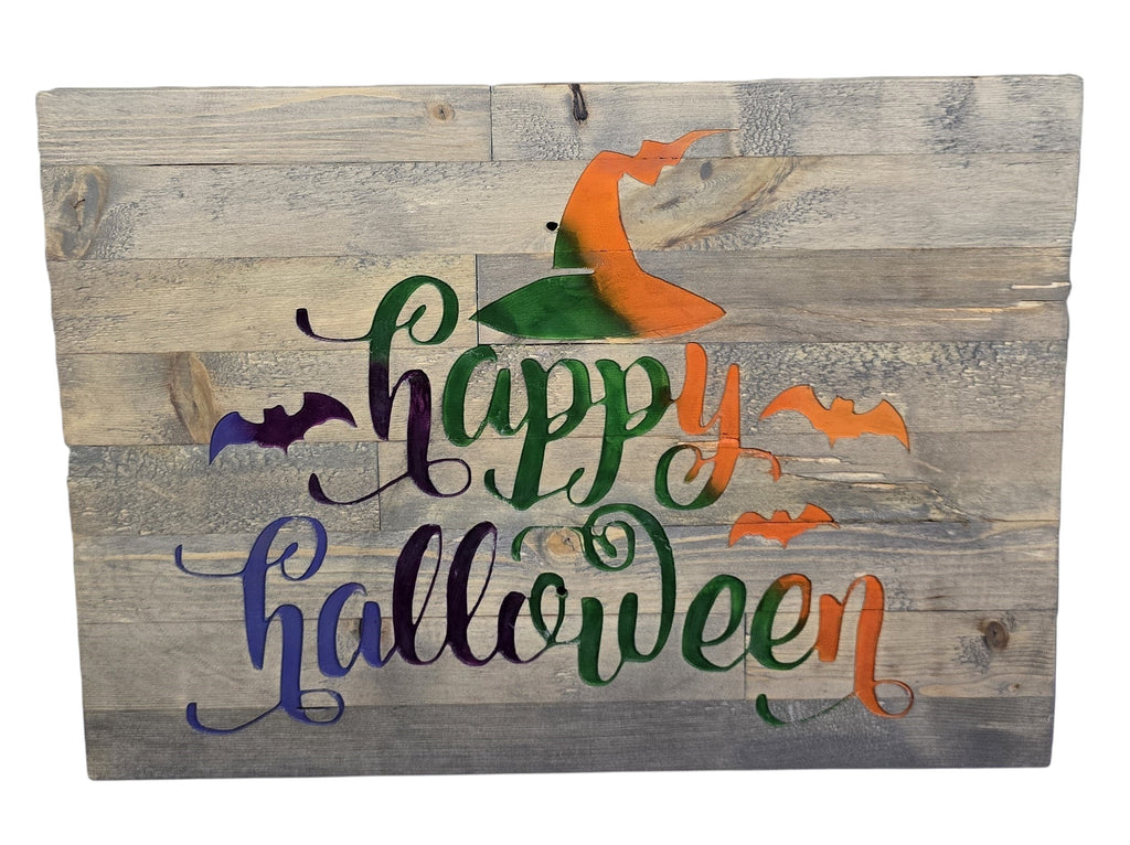 TK Wood Designs Happy Halloween rustic reclaimed wood sign with witch hat, bats, and colorful lettering.