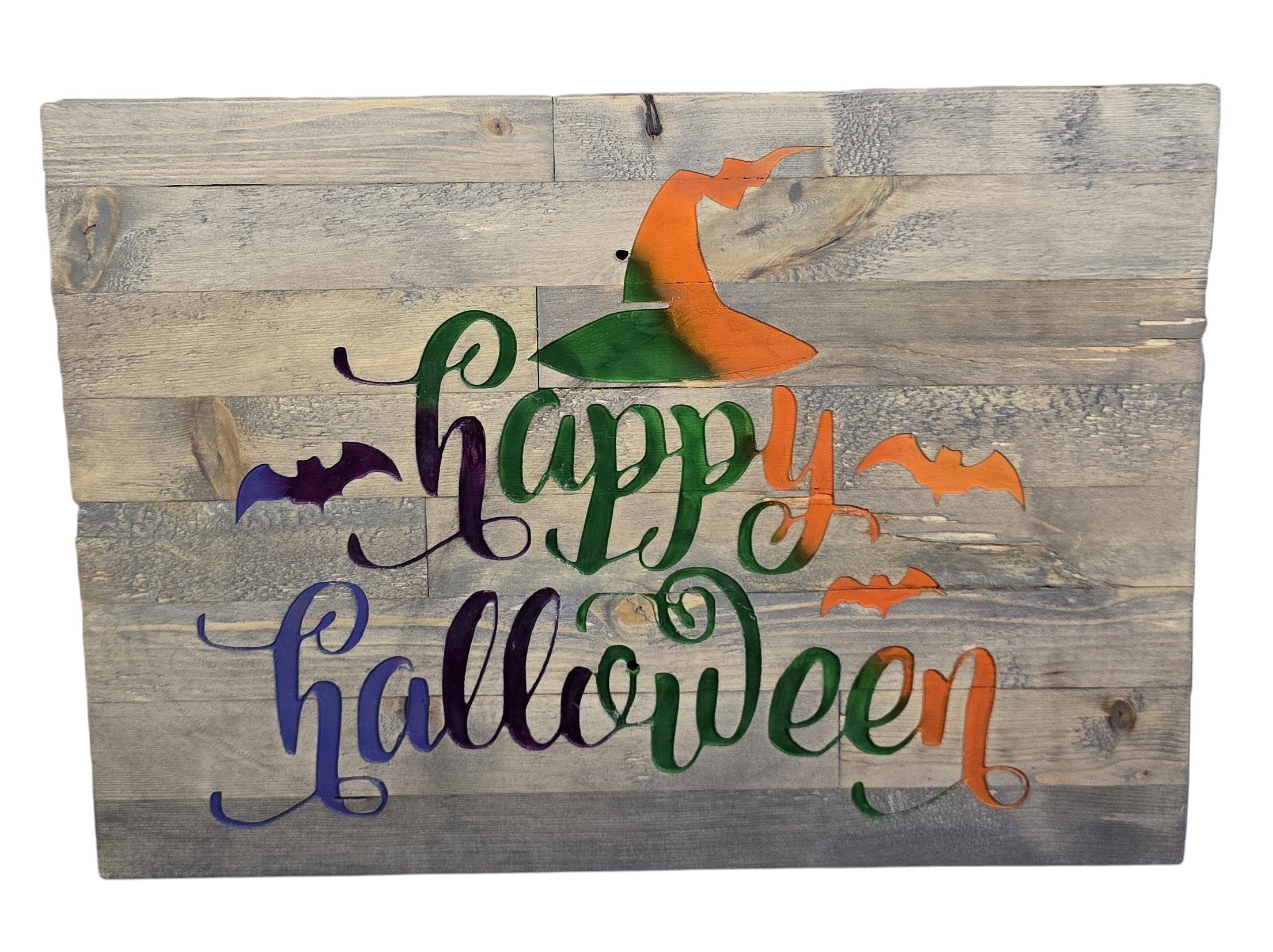 TK Wood Designs Happy Halloween rustic reclaimed wood sign with witch hat, bats, and colorful lettering.