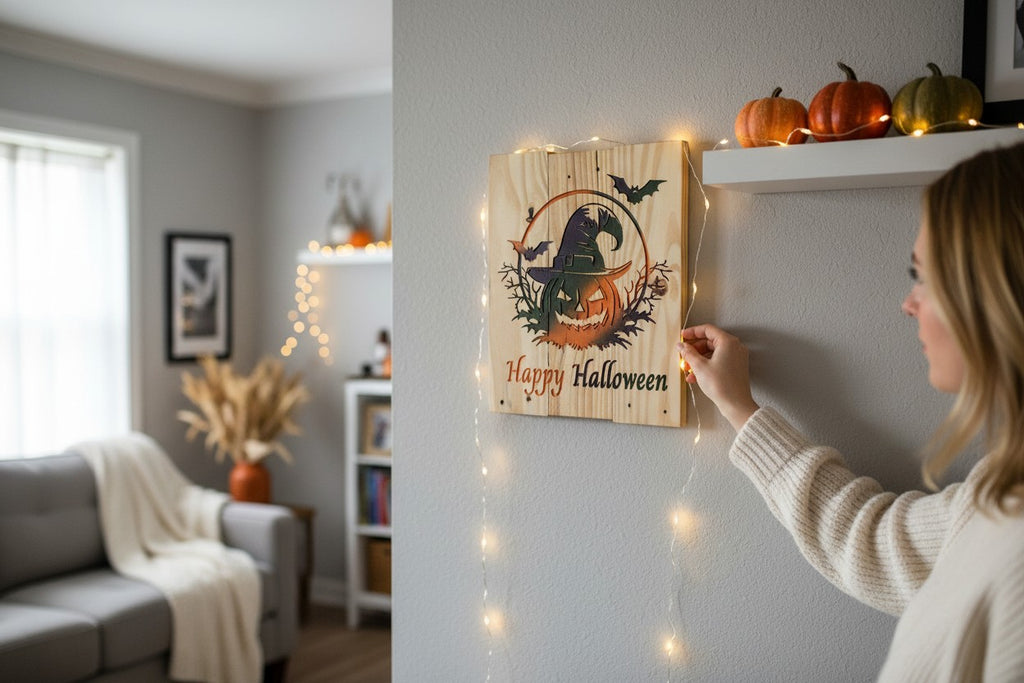 TK Wood Designs Happy Halloween wooden sign featuring a carved jack-o-lantern with a witch hat and bats.