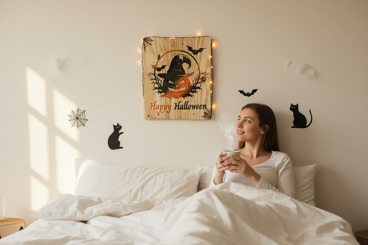 TK Wood Designs Happy Halloween wooden sign featuring a carved jack-o-lantern with a witch hat and bats.