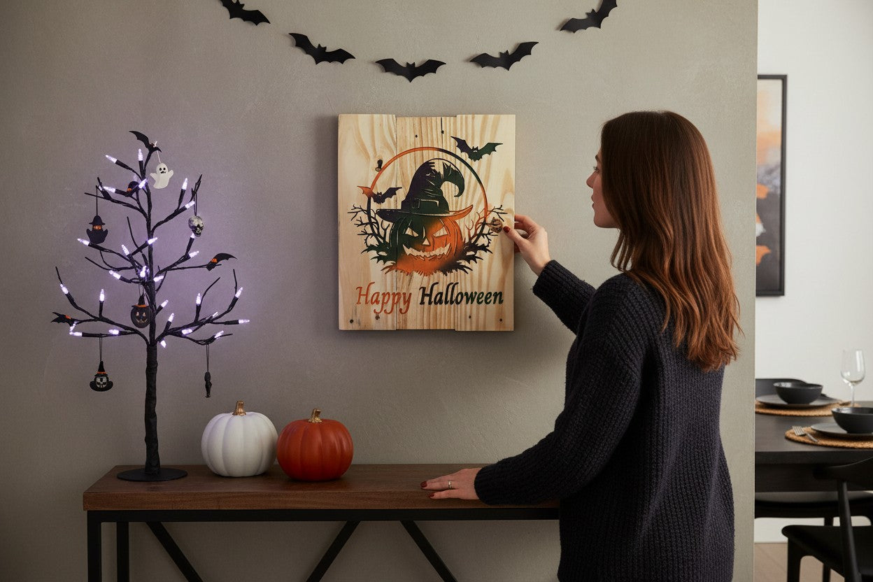 TK Wood Designs Happy Halloween wooden sign featuring a carved jack-o-lantern with a witch hat and bats.