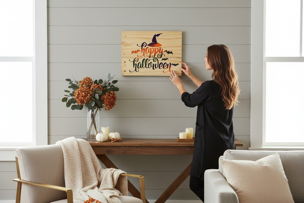 TK Wood Designs natural wood sign with "happy halloween" in gradient lettering, featuring a witch hat and bats.
