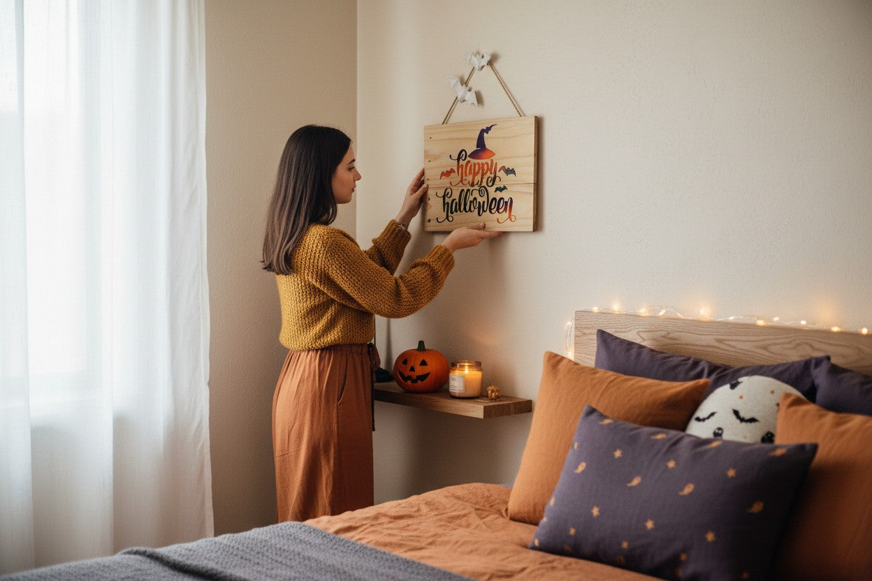 TK Wood Designs wooden sign with "happy halloween" in colorful script, featuring a witch hat and bats.