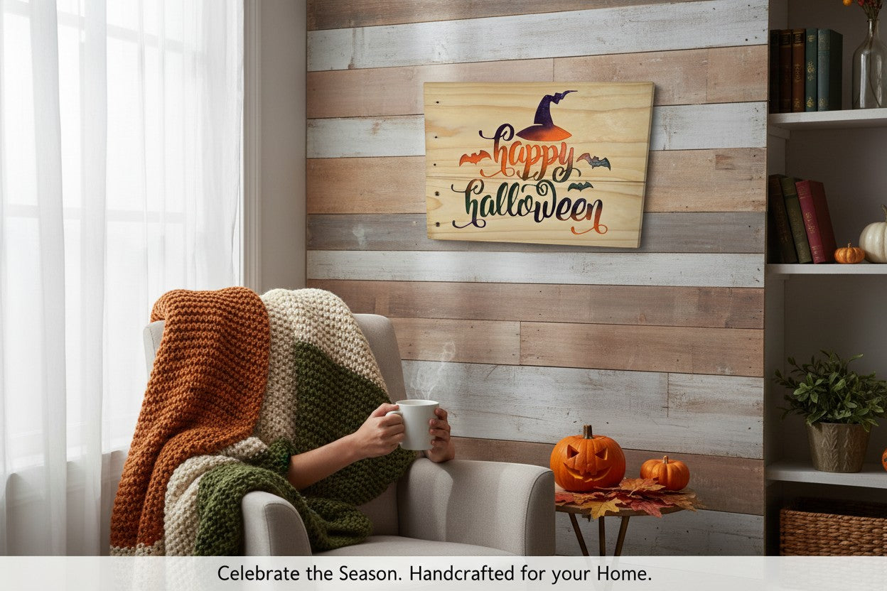 TK Wood Designs Happy Halloween wooden sign with witch hat and bats, rustic finish, perfect for seasonal decor.