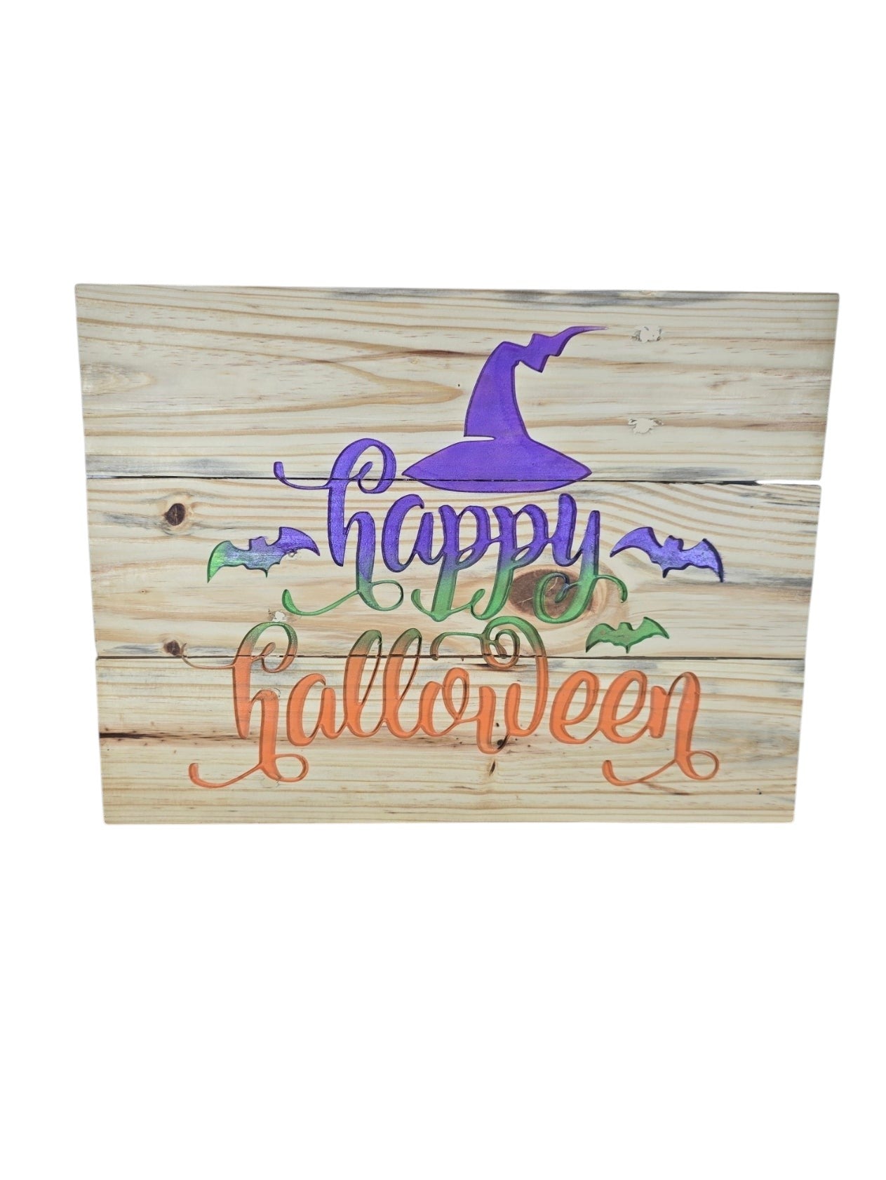 TK Wood Designs rustic wooden wall sign with Happy Halloween text, purple witch hat, and colorful bats.