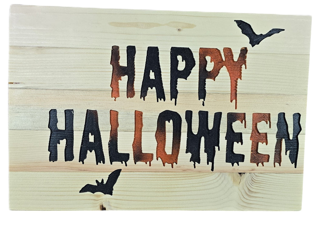 TK Wood Designs Happy Halloween wooden sign with black and orange dripping letters and bat accents.