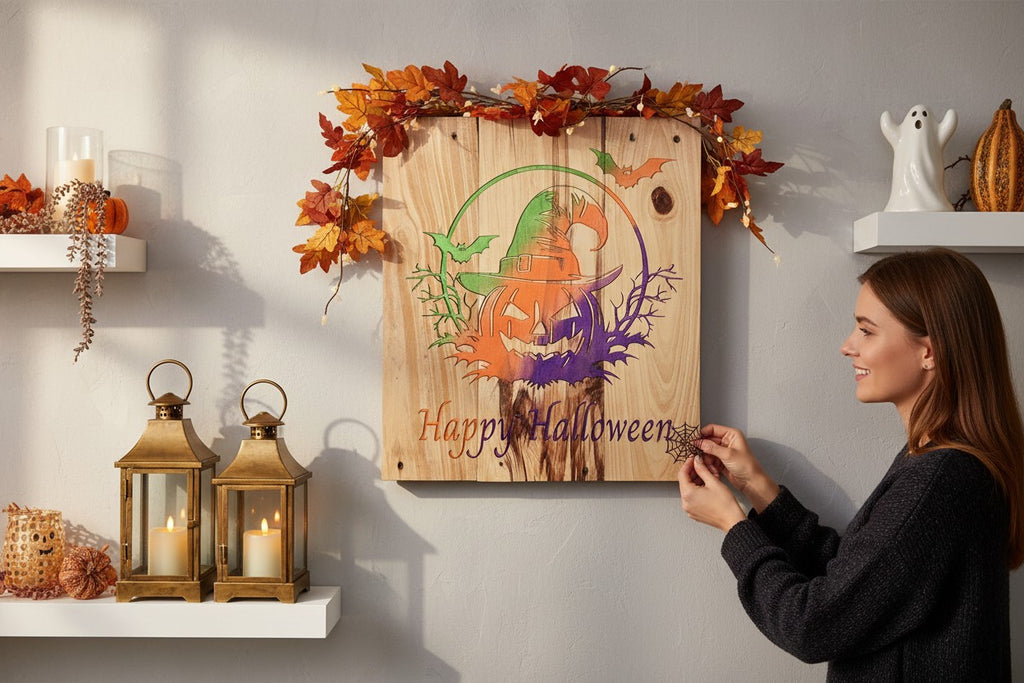 TK Wood Designs rustic wooden Happy Halloween wall sign with a colorful jack-o'-lantern and witch hat graphic.