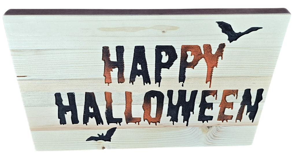 TK Wood Designs Happy Halloween wooden sign with distressed lettering, bats, and rustic finish.