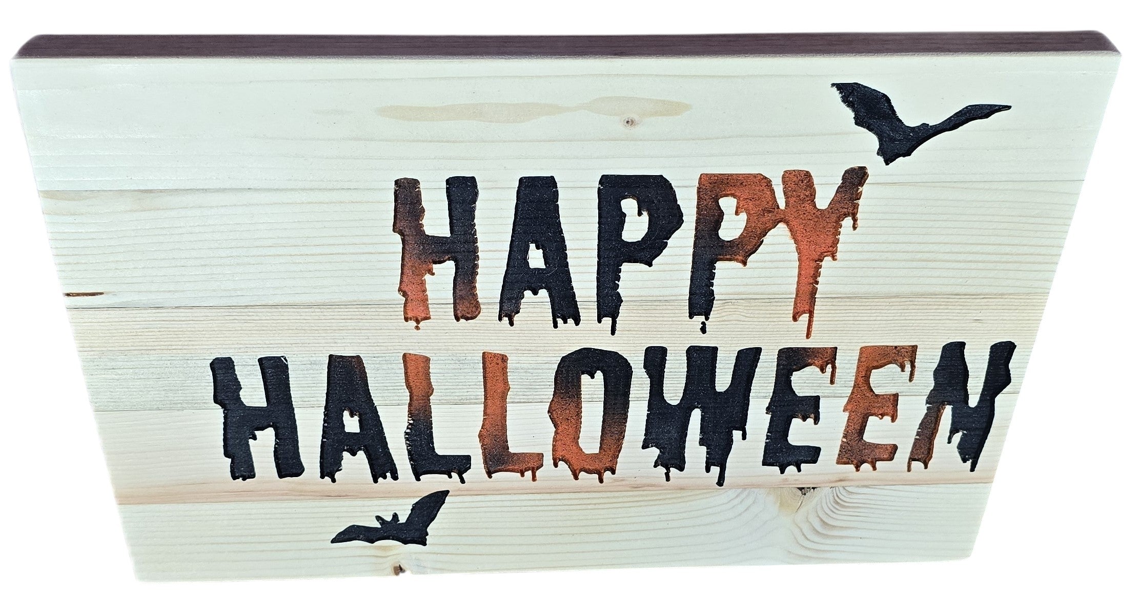TK Wood Designs Happy Halloween wooden sign with distressed lettering, bats, and rustic finish.