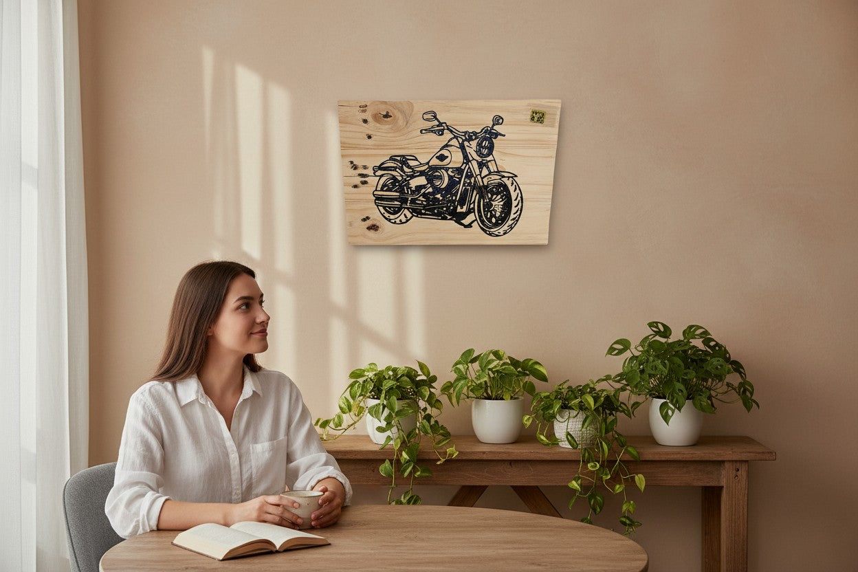 TK Wood Designs Harley Davidson motorcycle wood sign, featuring a detailed black outline of a motorcycle on natural wood.
