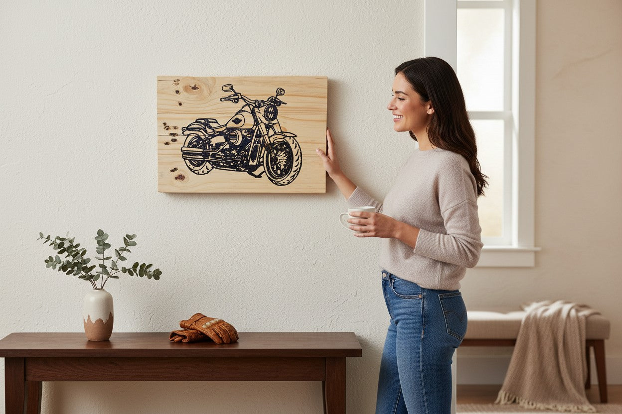 TK Wood Designs Harley Davidson motorcycle wood sign, featuring a dark blue graphic on natural salvaged wood.