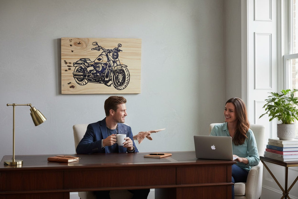 TK Wood Designs Harley Davidson motorcycle wood sign, featuring a detailed black outline of a motorcycle on natural wood.