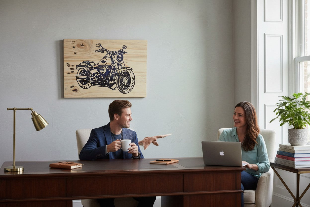 TK Wood Designs Harley Davidson motorcycle wood sign, featuring a detailed black outline of a motorcycle on natural wood.