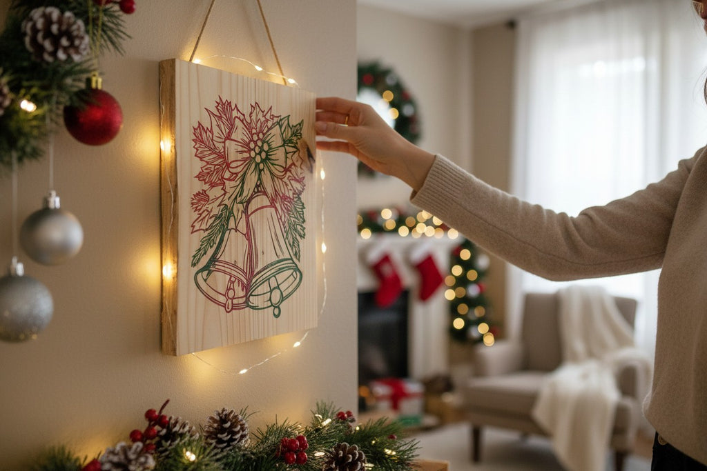 TK Wood Designs rustic wooden wall hanging featuring festive holiday bell line art with holly and a bow