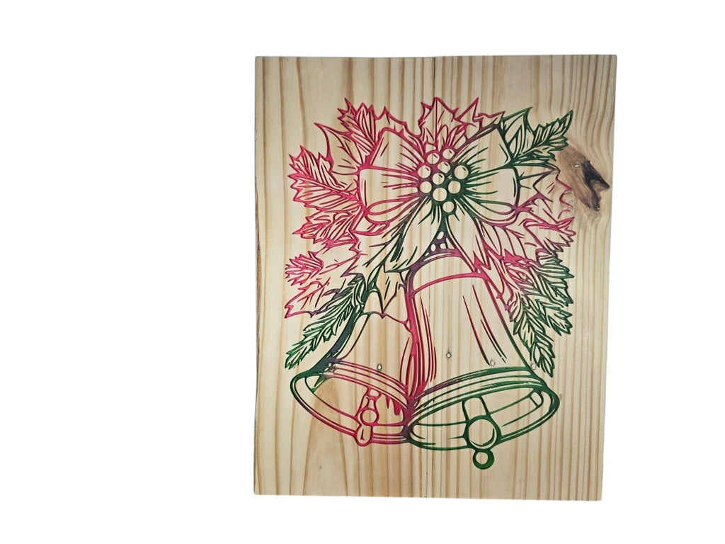 TK Wood Designs decorative holiday bell wall hanging featuring festive red and green line art on natural wood.