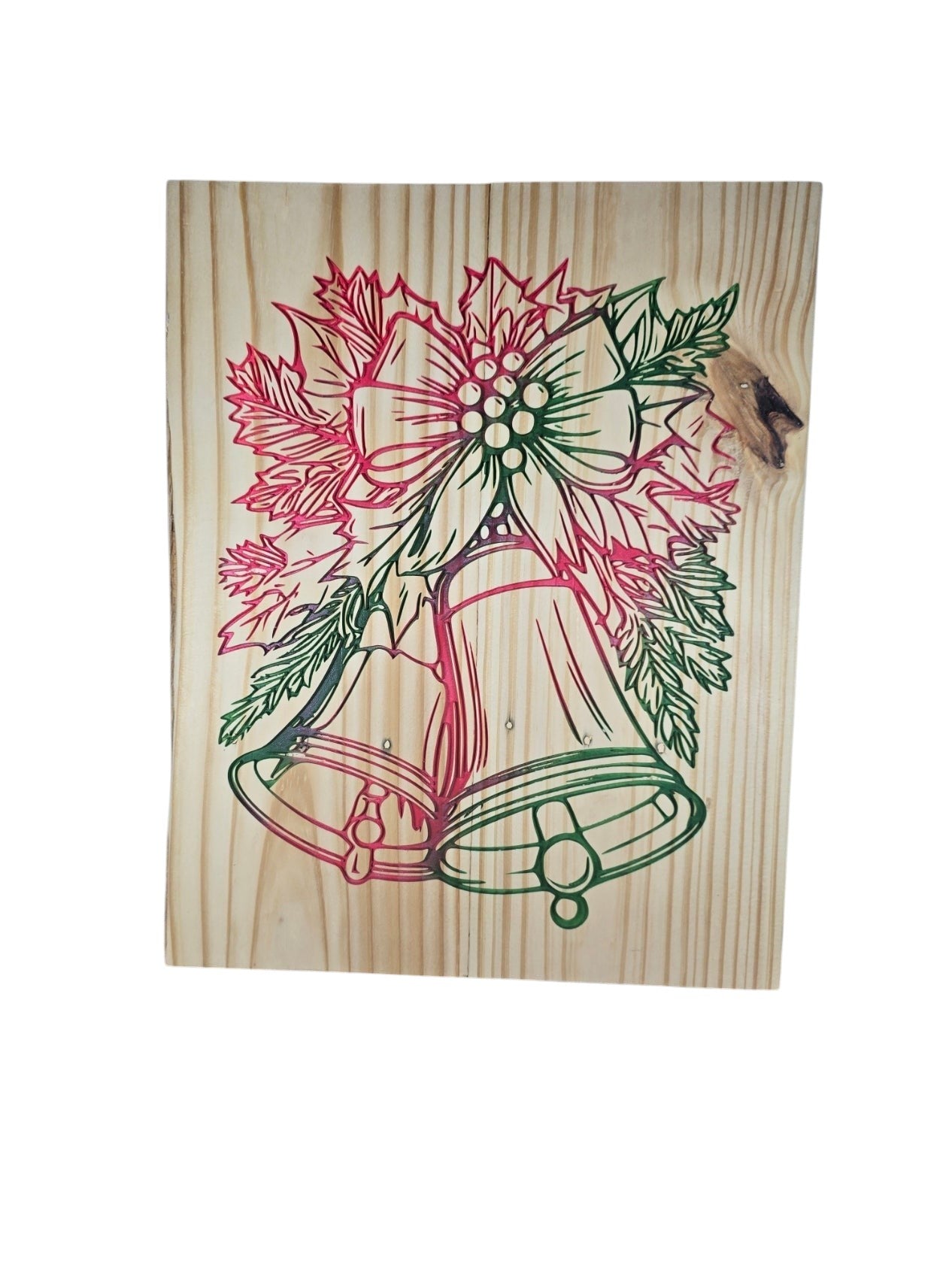 TK Wood Designs rustic wooden wall hanging featuring festive holiday bells with holly and bow line art design