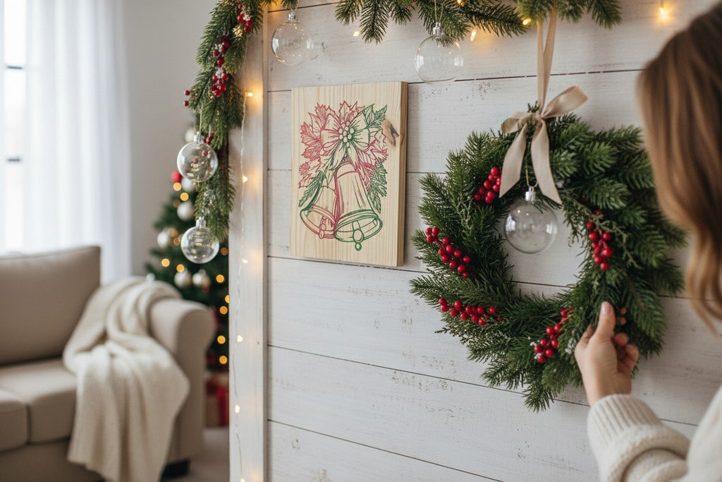 TK Wood Designs decorative holiday bell wood wall hanging with festive holly art displayed on a rustic white wall.