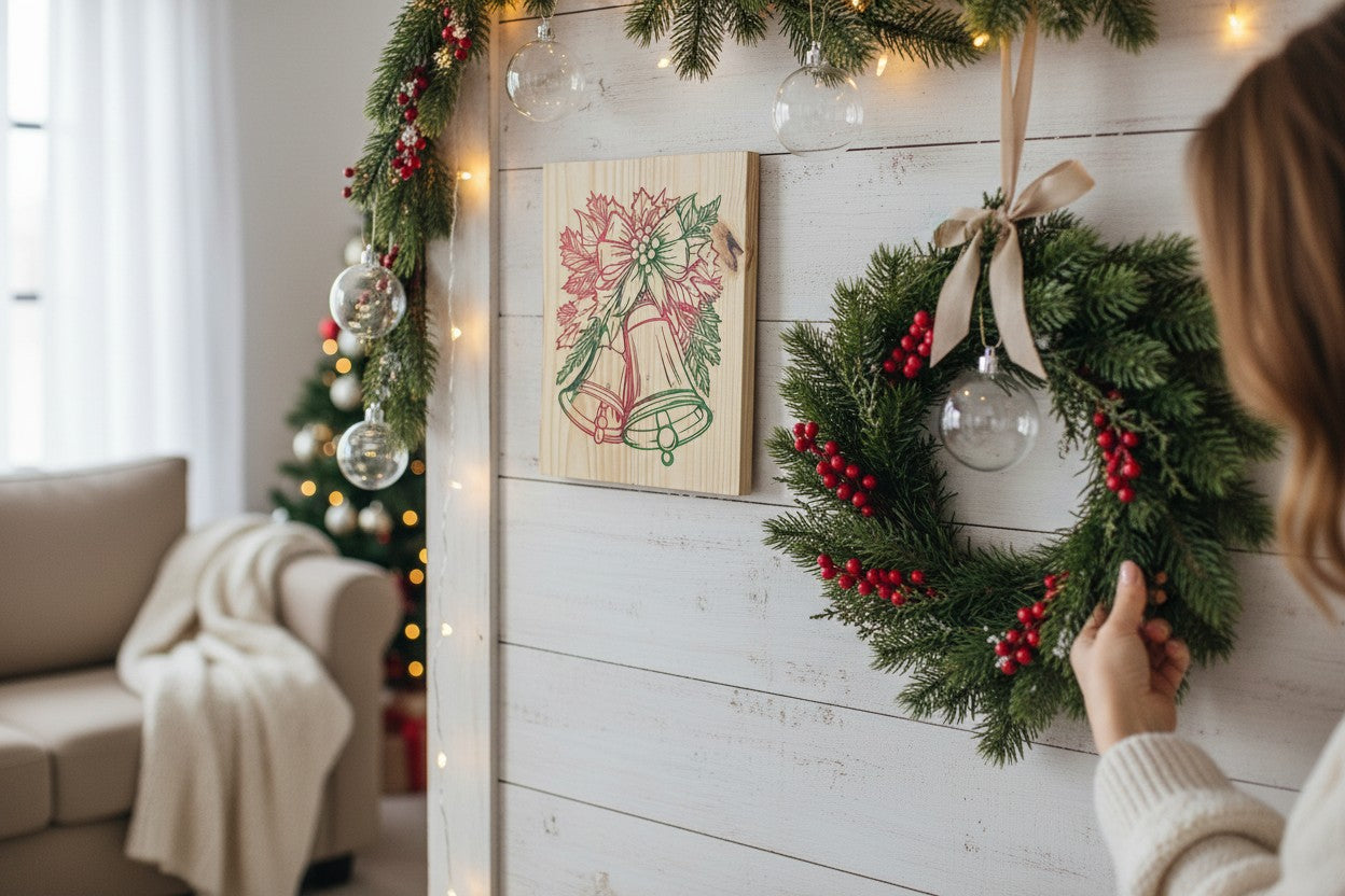 TK Wood Designs decorative holiday bell wood wall hanging with festive holly art displayed on a rustic white wall.