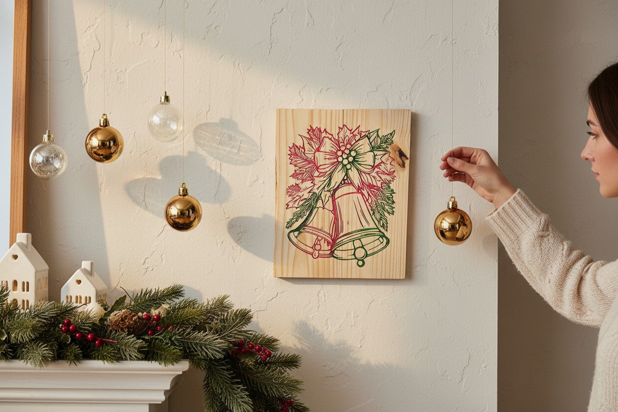 TK Wood Designs rustic wooden wall hanging featuring festive holiday bell line art with holly and a bow