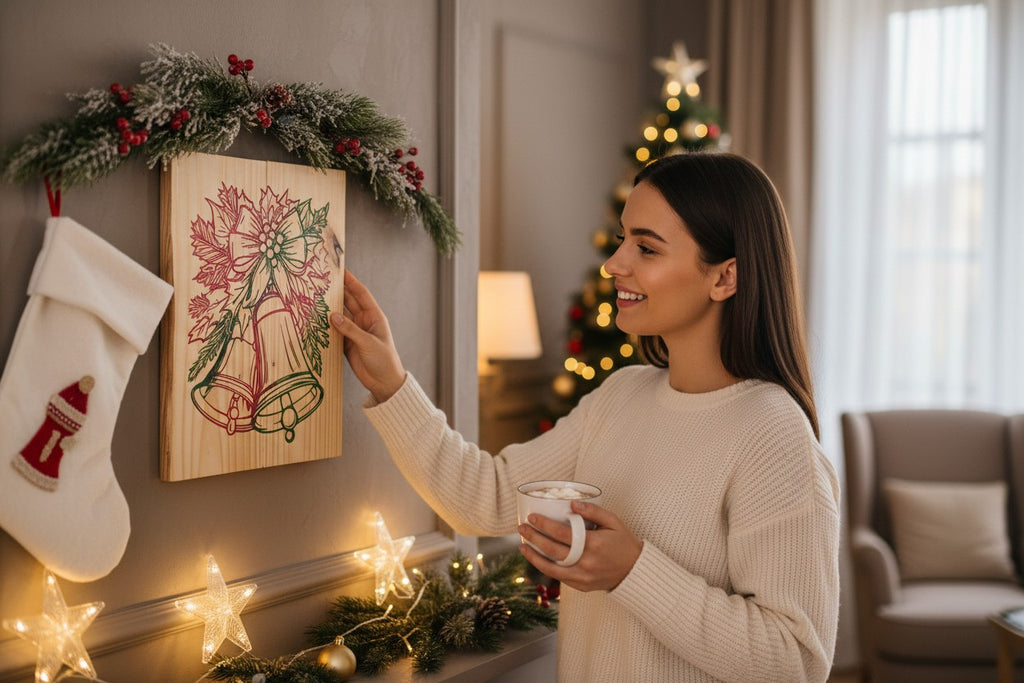 TK Wood Designs rustic wooden wall hanging with holiday bell line art, displayed in a cozy festive living room.