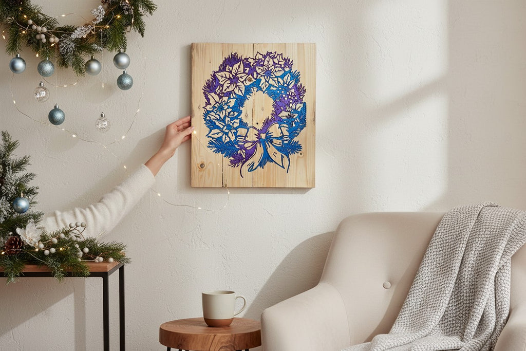 TK Wood Designs holiday wall art featuring a blue and purple gradient wreath design on a natural wood panel.