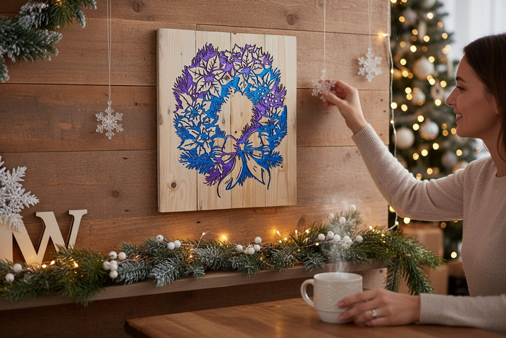 TK Wood Designs holiday wreath wall art with blue and purple gradient on natural wood, displayed in a festive room.