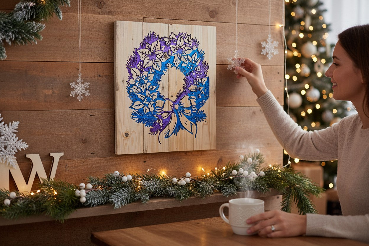 TK Wood Designs holiday wreath wall art with blue and purple gradient on natural wood, displayed in a festive room.