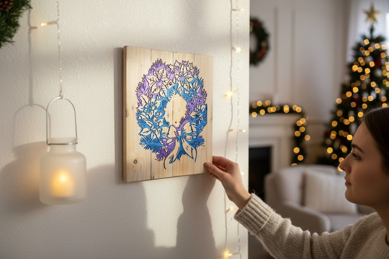 Woman hanging a TK Wood Designs decorative wooden wall art featuring a blue and purple gradient holiday wreath design.