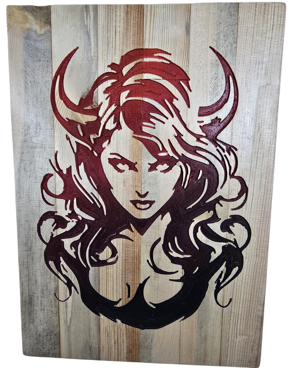 TK Wood Designs horned woman wood wall art, deep red fantasy portrait on natural wood planks.