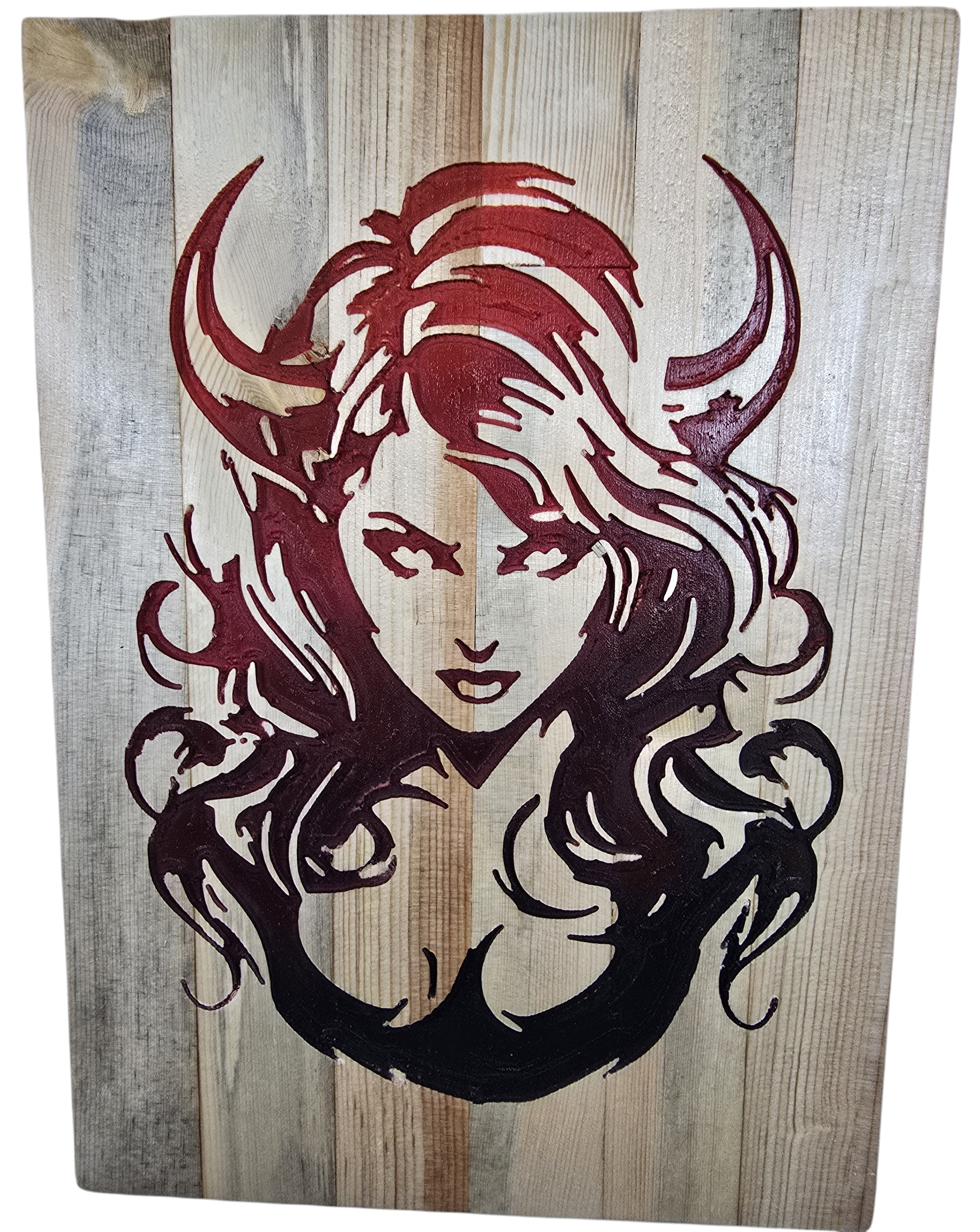 TK Wood Designs horned woman wood wall art, deep red fantasy portrait on natural wood planks.