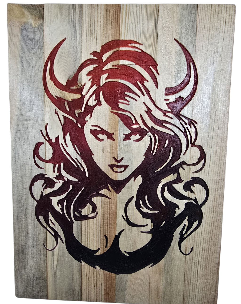 TK Wood Designs horned woman wood wall art, deep red fantasy portrait on natural wood planks.
