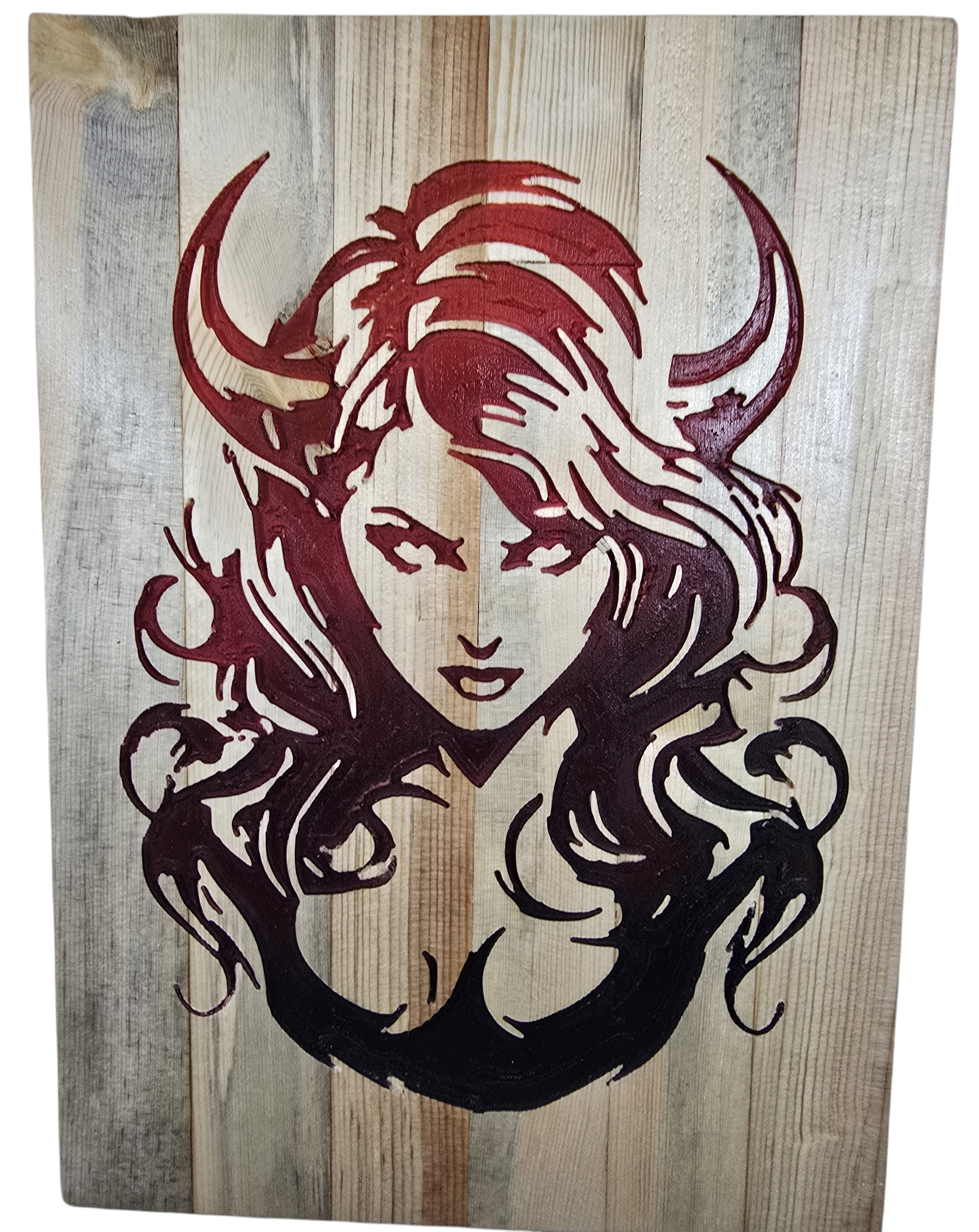 TK Wood Designs horned woman wood wall art, deep red fantasy portrait on natural wood planks.