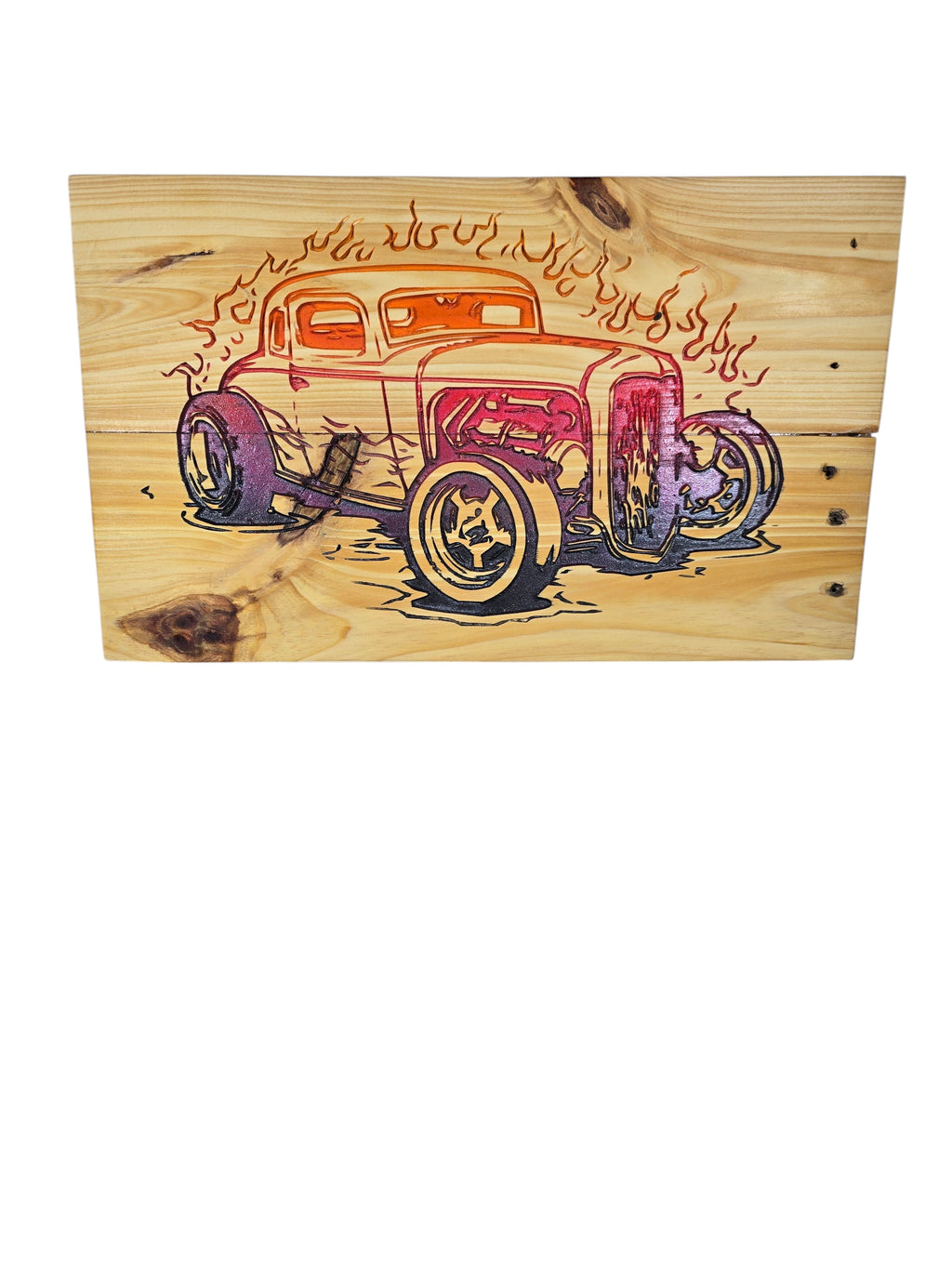 TK Wood Designs vintage hot rod wood art with orange and red flames, on natural wood.