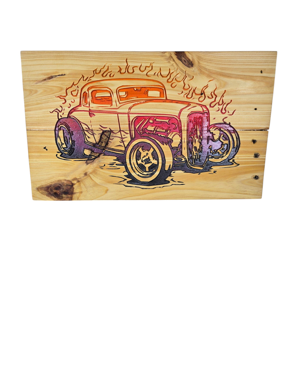 TK Wood Designs vintage hot rod wood art with flames, featuring a classic car with vibrant orange, red, and purple accents on natural wood.