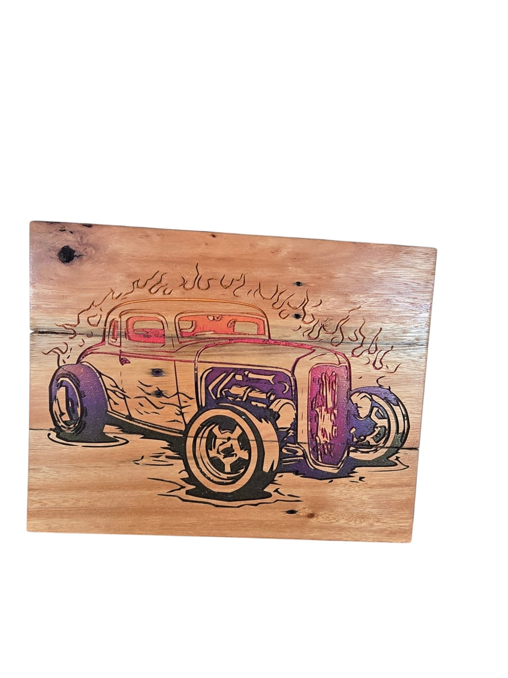 TK Wood Designs custom wood burned sign featuring a classic hot rod car with flame details on a natural wood plank.