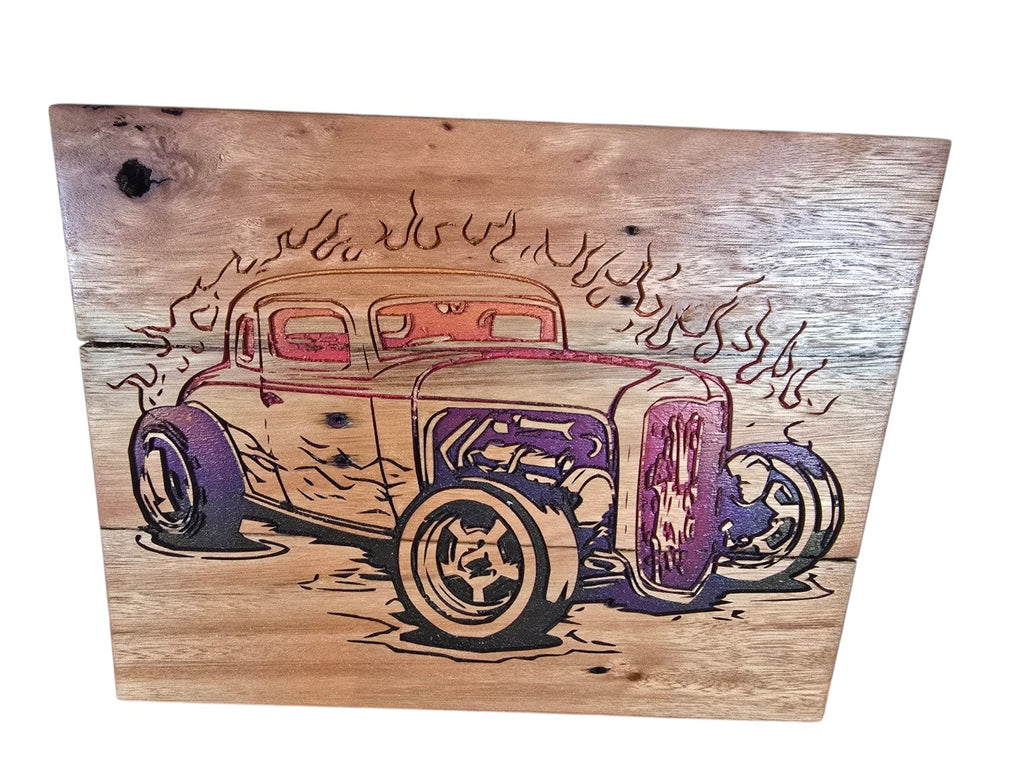 TK Wood Designs custom wooden sign featuring a laser-engraved hot rod car with flames in a natural wood finish.