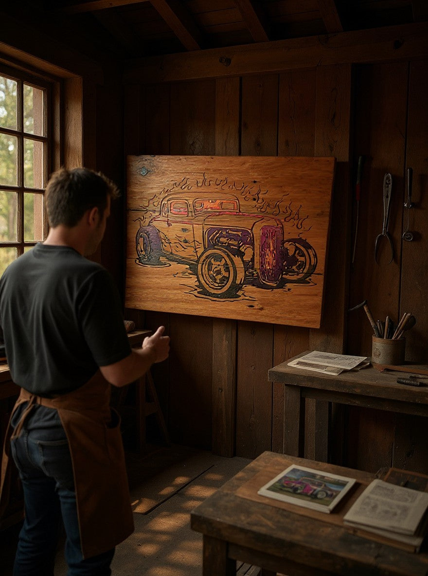 TK Wood Designs handcrafted wooden wall art featuring a laser-engraved hot rod with flame details in a rustic workshop