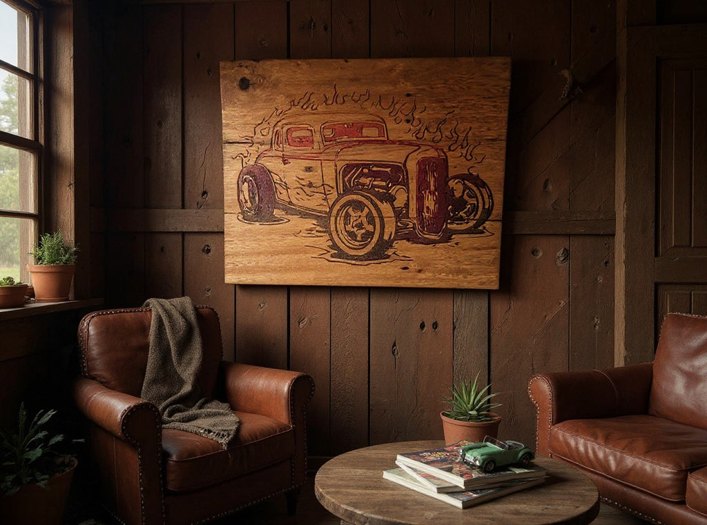 TK Wood Designs laser-engraved wooden wall art featuring a classic hot rod with flame details in a rustic room.