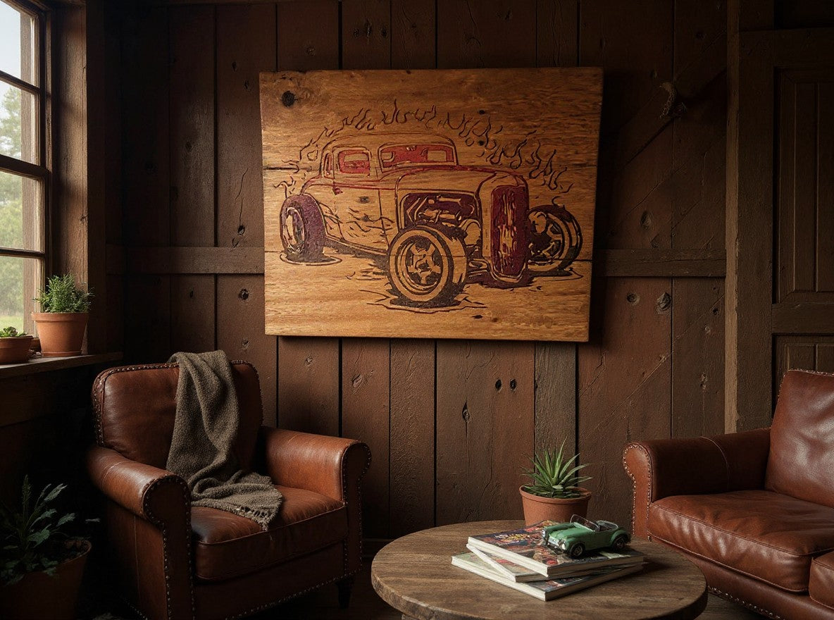 TK Wood Designs laser-engraved wooden wall art featuring a classic hot rod with flame details in a rustic room.