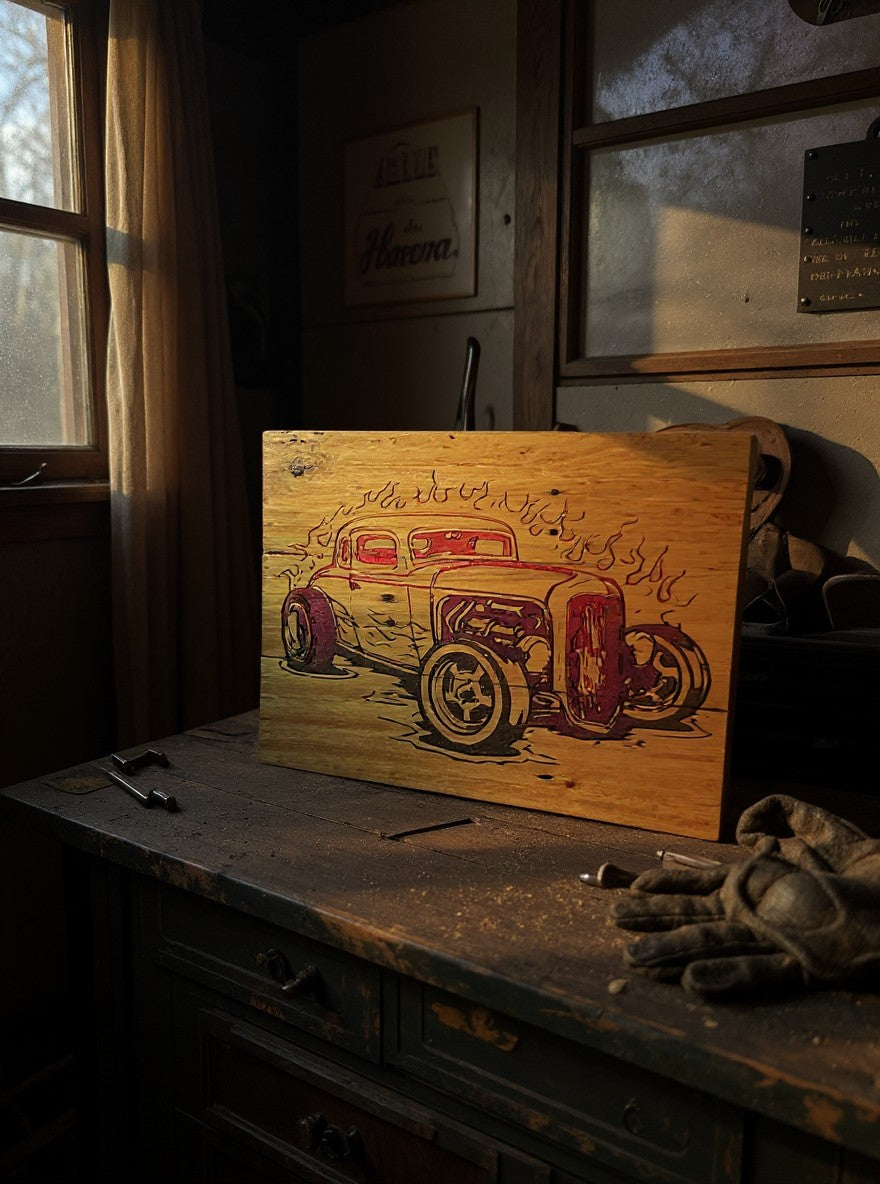 TK Wood Designs laser-engraved wooden wall art featuring a classic hot rod with flame details on a rustic workbench.